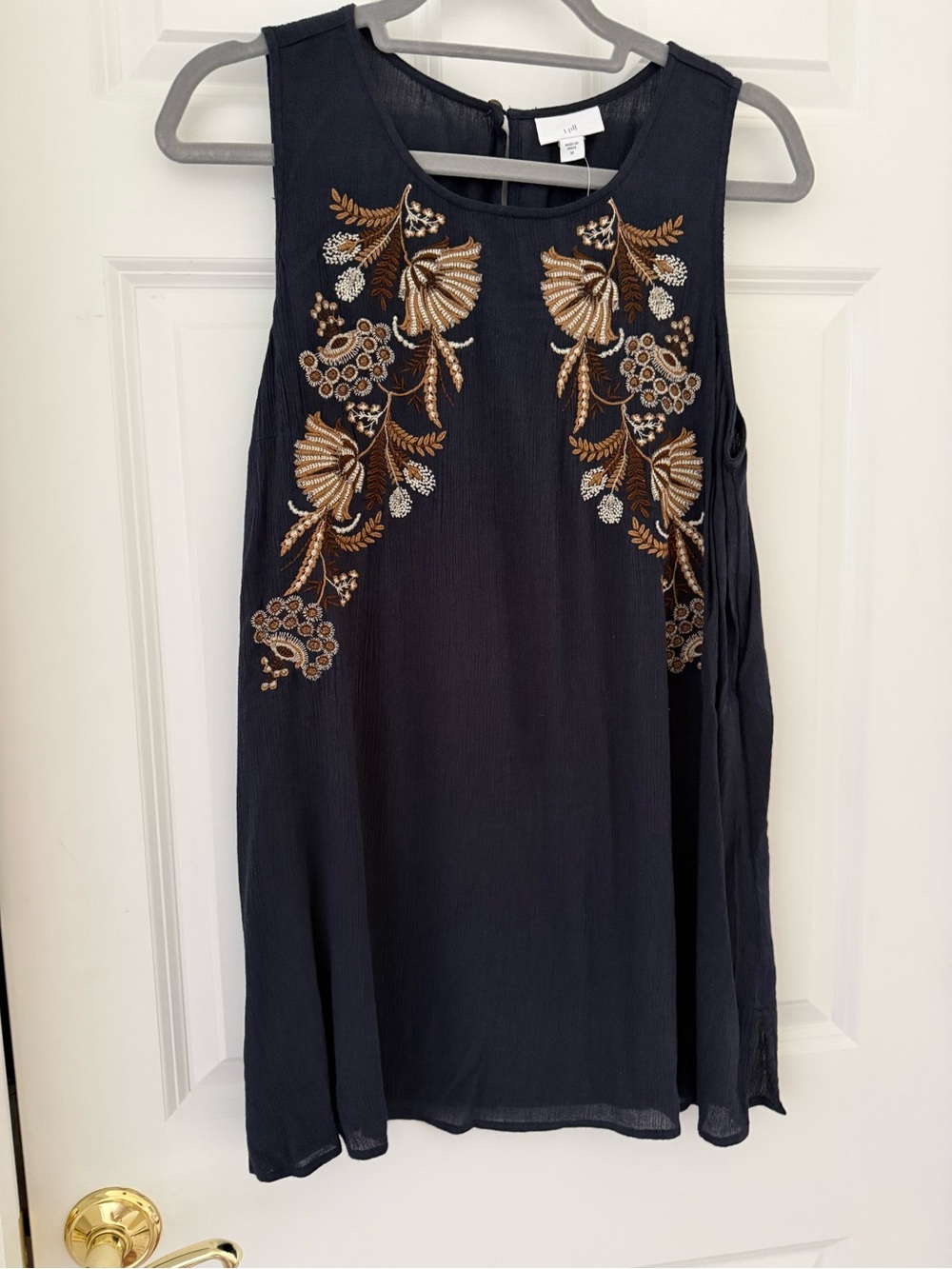 J. Jill Navy Top with Gold & Cream Floral Embroidery